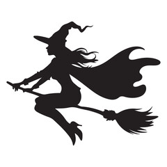 Mythical characters for Halloween, Silhouette witch flies on a magic broomstick