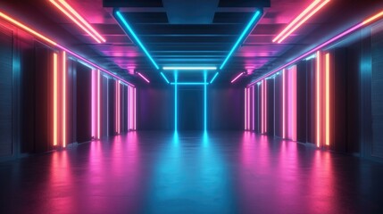Poster - 3D Rendered Illustration of a Futuristic Sci Fi Dark Room Featuring Neon Glow Abstract Background with Neon Lighting Effects