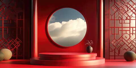 Poster - 3D abstract background in Chinese style featuring a product podium mockup on a red backdrop 3D rendered illustration