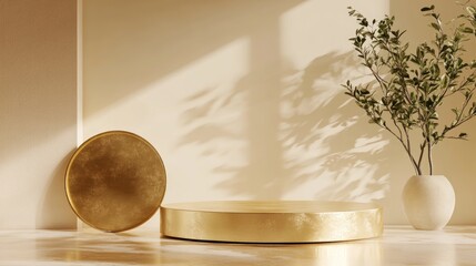 Poster - 3D rendering of a minimalist backdrop for cream cosmetics featuring a modern gold podium