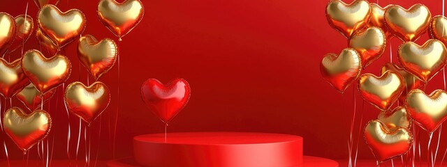 Poster - 3D abstract love themed background featuring a red podium surrounded by golden heart shaped balloons Minimalistic display in red and gold tones suitable for various celebrations 3D illustration