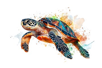 Wall Mural - A vibrant illustration of a sea turtle swimming, surrounded by colorful splashes of paint.