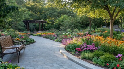 Canvas Print - Serene Garden Path with a Wooden Bench and Flowers