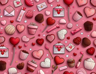 Wall Mural - vector cartoon seamless pattern valentine day gift wrapping paper decoration branding pink background