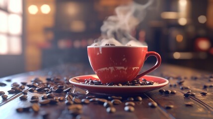 Wall Mural - A Steaming Cup of Coffee with Coffee Beans on a Wooden Table