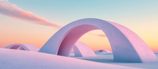 Poster - 3D rendering of an abstract surreal pastel landscape featuring modern architecture and geometric arches with a vibrant dune scene spacious sky and minimalist decor elements