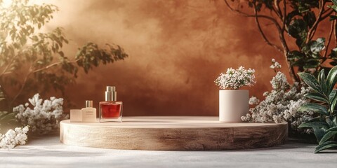 3D background featuring a podium with a rustic wooden theme for presenting perfumes cosmetics and other products 3D rendered illustration