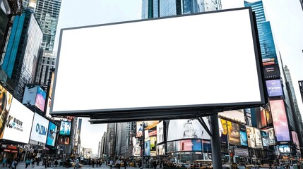 large blank billboard in times square new york city with busy crowded street and tourists