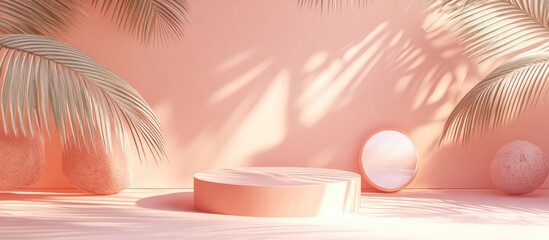 Aufkleber - 3D render of a podium in boho style featuring an advertising stand with abstract shapes and palm leaves Minimal pastel background designed for showcasing cosmetics and products