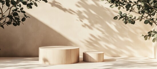 Aufkleber - 3D backdrop featuring a wooden podium display Natural beige banner with shadows Product showcase for beauty cosmetics on a nature inspired wooden stand Empty studio setting in a minimal 3D render