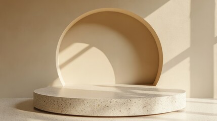 Aufkleber - 3D rendering of a blank mockup terrazzo curved podium against a beige circular background wall