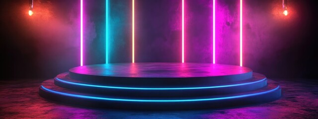 Poster - 3D Render Neon Light Podium with Gradient Color Effect
