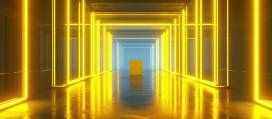 Aufkleber - 3D render of an abstract corridor with virtual reality elements featuring yellow neon lights a fashion podium and reflections on the floor within a club like interior of an empty warehouse
