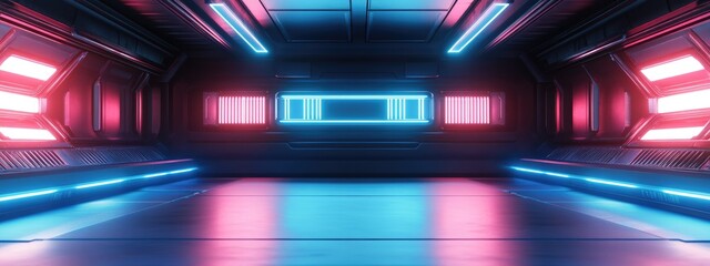 Poster - 3D rendering of a neon metal texture on an empty stage set against a futuristic science and technology background