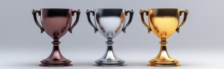 Poster - 3D illustration of three goblets in gold silver and bronze against a gray isolated background representing sports competition awards