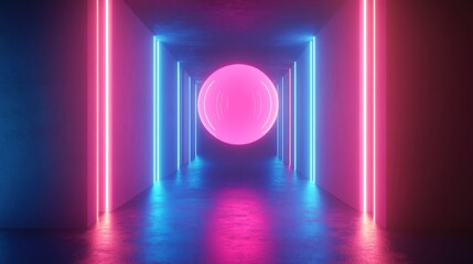 3D Rendering Illustration of a glowing neon light set in a dark room Celebration theme with a floating pink ball and pink and blue glowing lights Sci fi and fantasy background