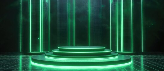 Aufkleber - 3D rendered green retro neon podium set against a dark neon wireframe backdrop featuring abstract glowing elements