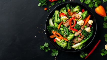 Wall Mural - A mouthwatering stir-fry dish featuring tender pork, crisp broccoli, bok choy, and colorful vegetables, tossed in a savory sauce. This healthy and flavorful meal is perfect for a quick and satisfying 