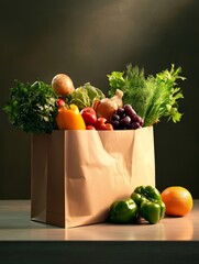 Poster - A paper bag filled with fresh produce, including tomatoes, peppers, grapes, onions, and herbs. The bag is sitting on a table with green peppers in front of it. The produce symbolizes freshness, health