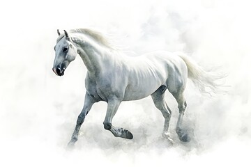 Sticker - A majestic white horse running through a misty landscape, evoking a sense of freedom and grace.