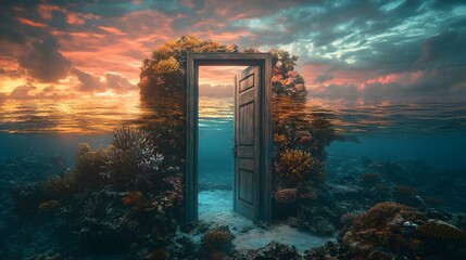 Underwater door surrounded by coral reef opening to a vivid sunset above the ocean