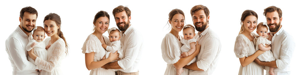 set of A Happy young family with a baby, smiling mom and dad holding their little daughter on a transparent background