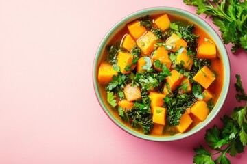 Pumpkin and Kale Soup in a Green Bowl on Pink Background