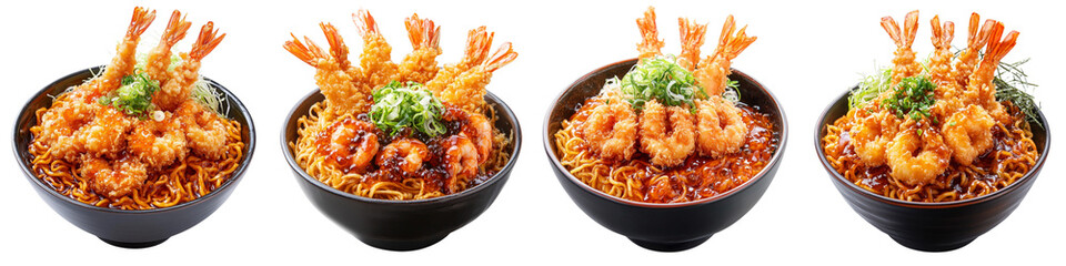 Wall Mural - set of A Japanese food, consisting of chef's spooky dish with deep-fried prawns on top and noodles in a bowl, on a transparent background