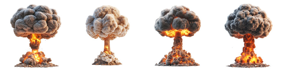 Set of a Nuclear explosion mushroom cloud isolated on transparent background