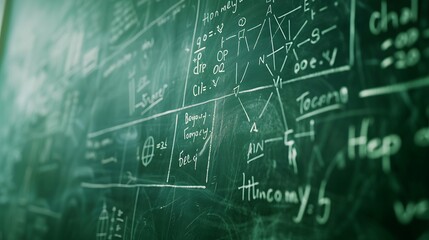 Wall Mural - Close-up of a chalkboard filled with complex algebraic formulas and scientific diagrams, illustrating the intersection of science and mathematics, photographed with HD clarity