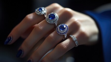 Wall Mural - Close-up of a Hand Adorned with Sapphire Rings