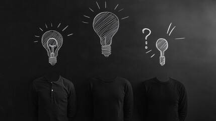 Aufkleber - Three figures in black under light bulb and question mark drawings on a dark chalkboard. Symbolizes decision-making, problem-solving, and inquiry.
