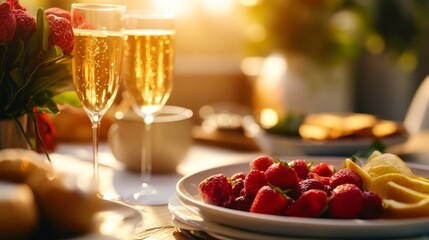 A table set for a luxurious brunch with gourmet dishes and champagne flutes, bathed in warm sunlight, symbolizing celebration, indulgence, and relaxation.