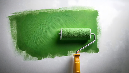 A green paint roller is being used to paint a wall