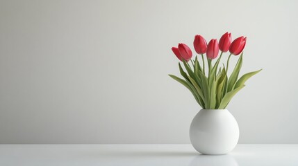 Wall Mural - Red Tulips in a White Vase Against a Minimalist Background