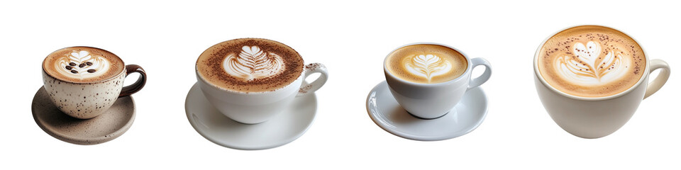 set of A cappuccino cup with a white backdrop, Rich Cappuccino Experience in an Exquisite Cup, on a transparent backgrounds