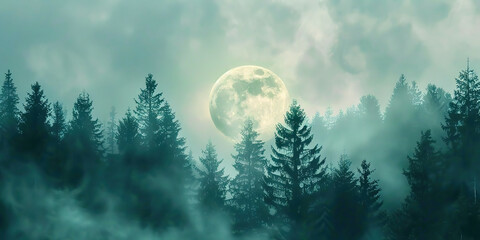 Poster - A gloomy misty forest against the background of the moon