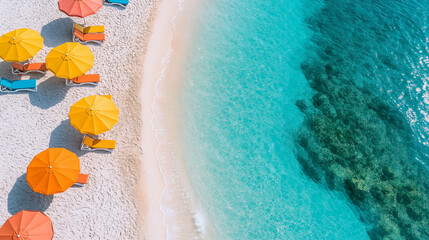 Wall Mural - A beach scene with a large body of water and several colorful umbrellas