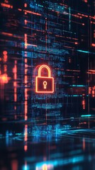 Poster - Abstract digital security concept with a neon red lock icon against encrypted code background. Focus on cyber security and encryption.