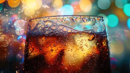 Wall Mural - Close-up of an Iced Beverage with Blurred Lights in the Background