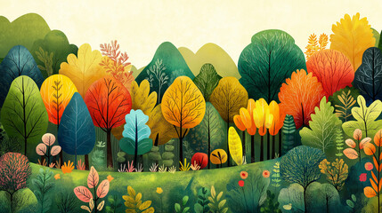 Wall Mural - A colorful forest with trees of different colors and sizes