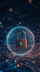 Poster - Holographic digital lock surrounded by a network of connections on a dark background. Global cybersecurity and data protection concept.