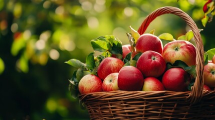 Canvas Print - A wicker basket overflowing with ripe red apples, symbolizing abundance, harvest, health, and the beauty of nature.  The soft, blurred green background hints at an orchard setting.