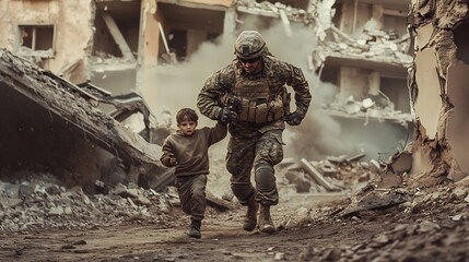 soldier evacuating a child from a war-torn city