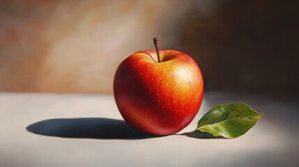 Poster - A Single Red Apple with a Green Leaf on a White Surface