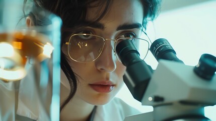 Close-up of a focused young woman scientist peering into a microscope with intense concentration /