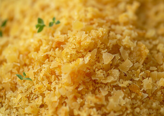 A close-up texture of Brazilian farofa, a traditional dish made with toasted cassava flour.