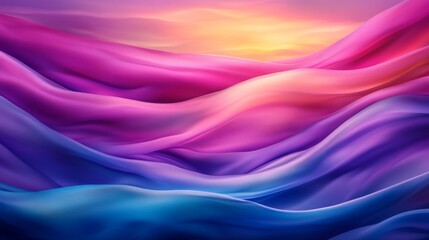 Wall Mural - An ethereal abstract image featuring gentle pastel waves of pink, purple, and blue that intertwine to create a sense of tranquility and serenity. The soft colors evoke feelings of peace, harmony, and 