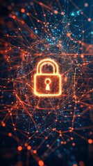Poster - Vertical digital lock icon with glowing data connections representing cyber security and data encryption.