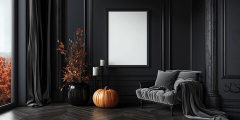 Sticker - Mockup Frame in Halloween Interior with Autumn Decor, Poster Mockup, Fall Print Mock Up